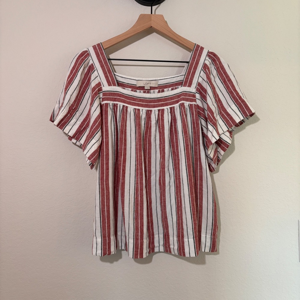 LOFT Womens Red Striped Linen Blend Square Neck Flutter Sleeve Top M Americana
